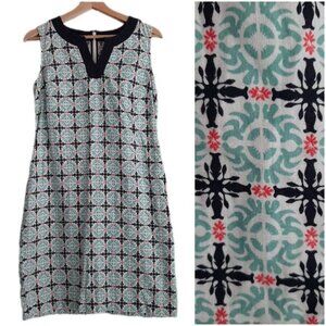 TALBOTS Linen Cotton Blend Wood Block Pattern Mini Shift Dress Mini Blue Sz 4